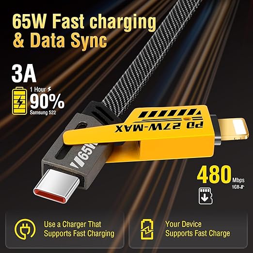 4 in 1 Multi Charging Cable| Buy1 Get 1 Free  100CM [65W] Fast Charging - Compatible with iPhone 16/15/14/13/12/11 Pro Max, Airpods, iWatch, iPad, MacBook, Samsung S24/S23/S22 & Google