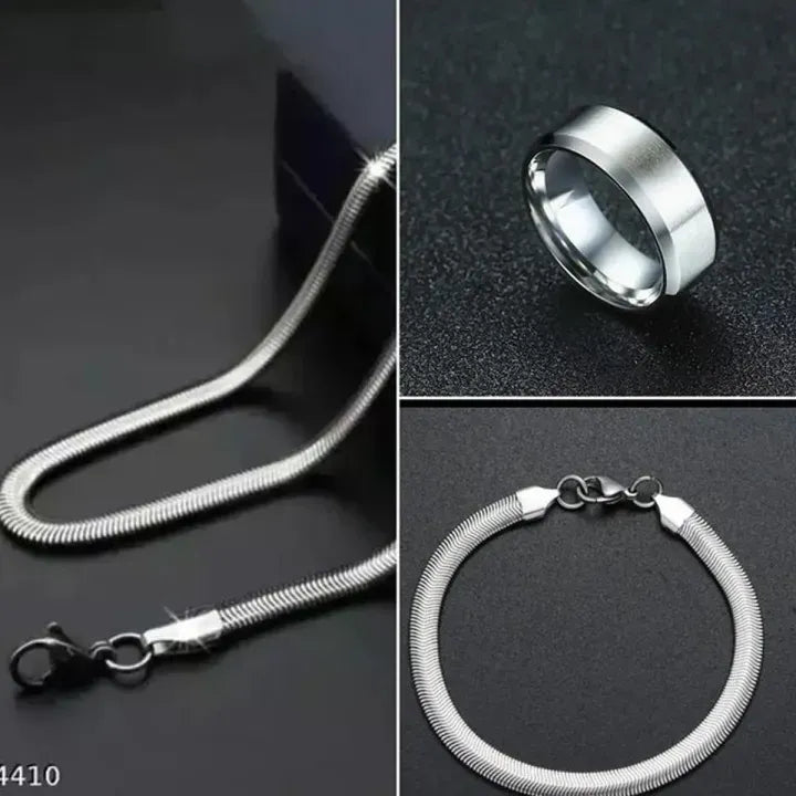 Pack of 3 Silver Stainless Steel Snake Chain Snake Bracelet and Silver ring