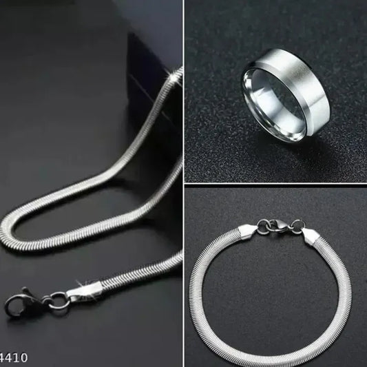 Pack of 3 Silver Stainless Steel Snake Chain Snake Bracelet and Silver ring