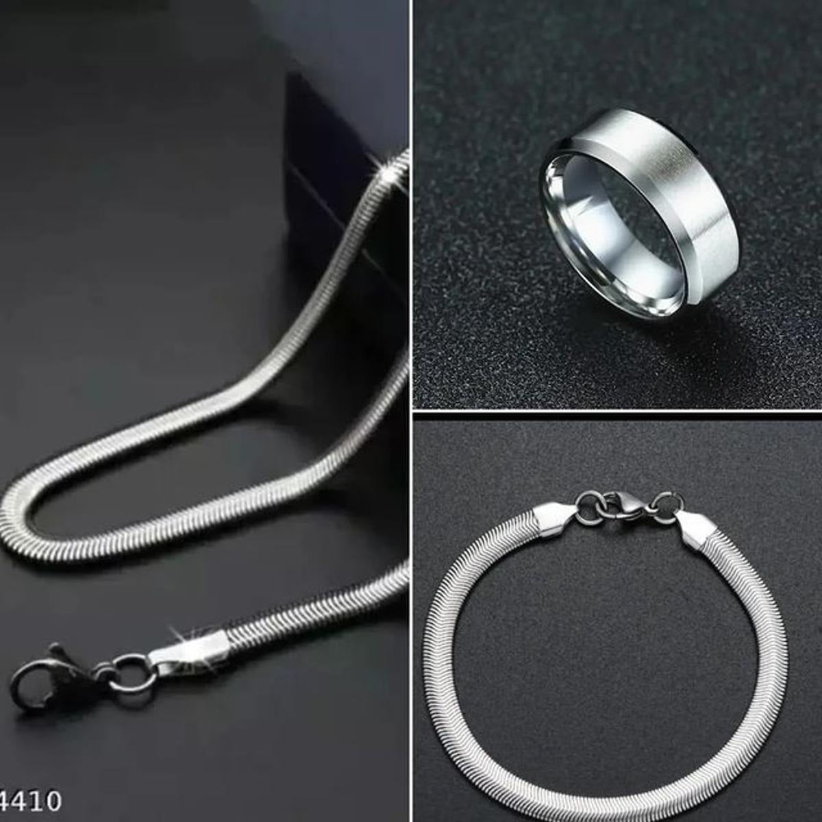 Pack of 3 Silver Stainless Steel Snake Chain Snake Bracelet and Silver ring