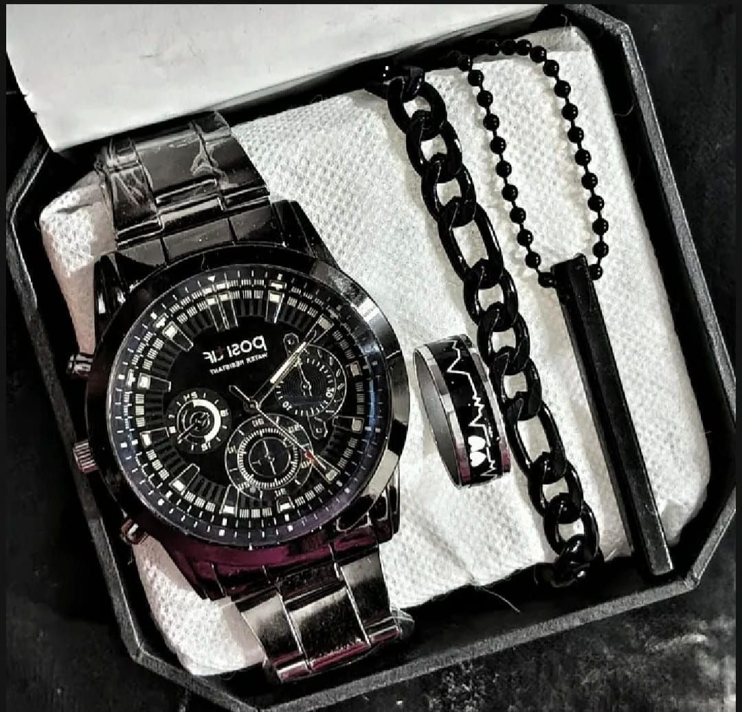 Pack Of 5 Mega Deal Men's Gift Wedding Watch Deal -Top Class High Quality Wrist Watch+Gold Stainless steel Luxury Italian Cuban Link Bracelet For Men