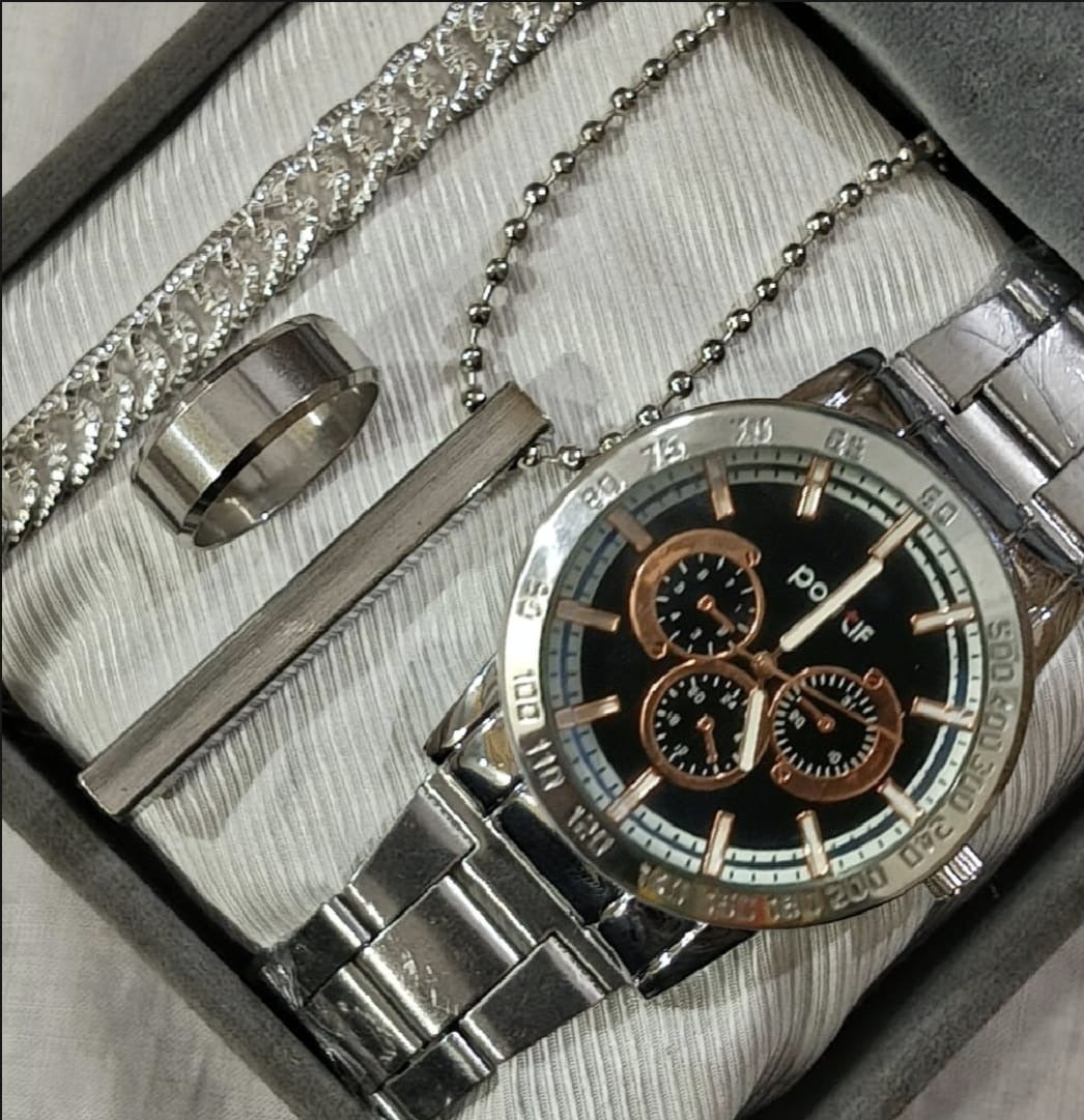 Pack Of 5 Mega Deal Men's Gift Wedding Watch Deal -Top Class High Quality Wrist Watch+Gold Stainless steel Luxury Italian Cuban Link Bracelet For Men