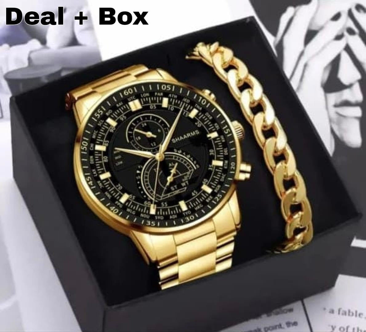Pack Of 5 Mega Deal Men's Gift Wedding Watch Deal -Top Class High Quality Wrist Watch+Gold Stainless steel Luxury Italian Cuban Link Bracelet For Men
