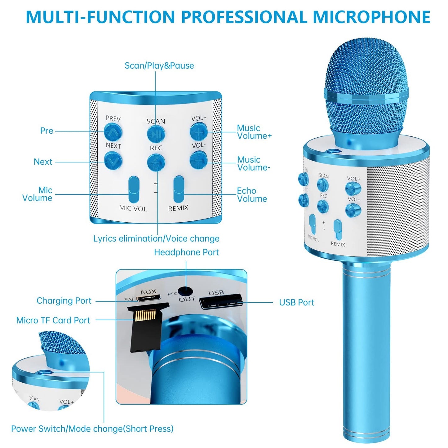 Kids Microphone for Singing, Wireless Bluetooth Karaoke Microphone for Adults, Portable