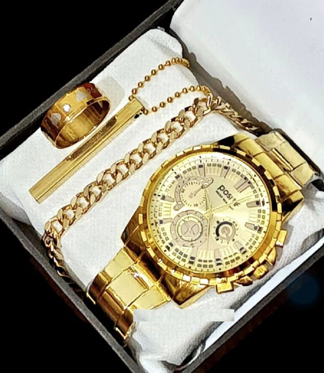 Pack Of 5 Mega Deal Men's Gift Wedding Watch Deal -Top Class High Quality Wrist Watch+Gold Stainless steel Luxury Italian Cuban Link Bracelet For Men